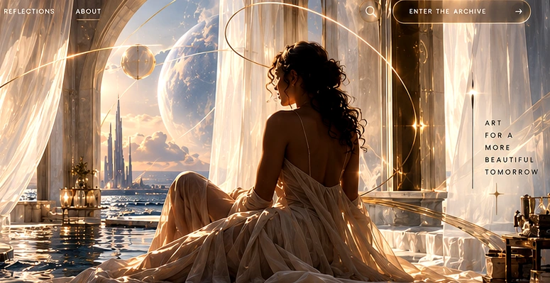 Dreamlike coastal architecture, warm celestial light, and a contemplative figure
